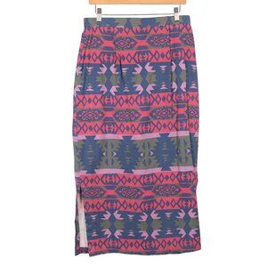 Southwestern Maxi Skirt 12 Long Cotton Blue Pink Green Slits Boho Festival Indie